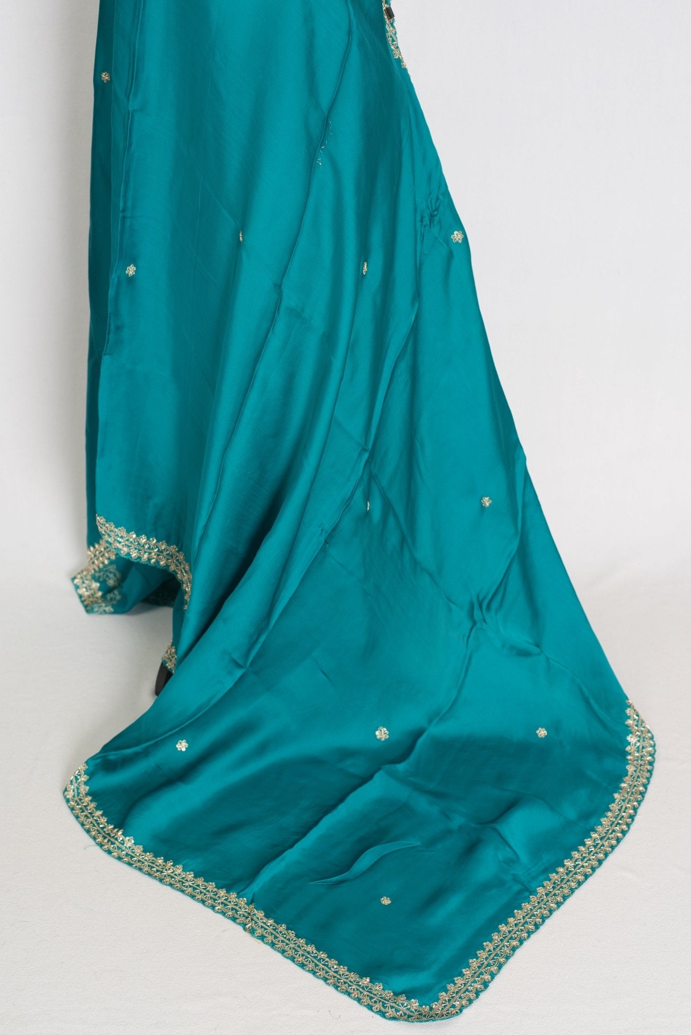 Arifa: Rama Green Satin Saree with Zardosi Work | Size 38 Blouse - Saree Mandi