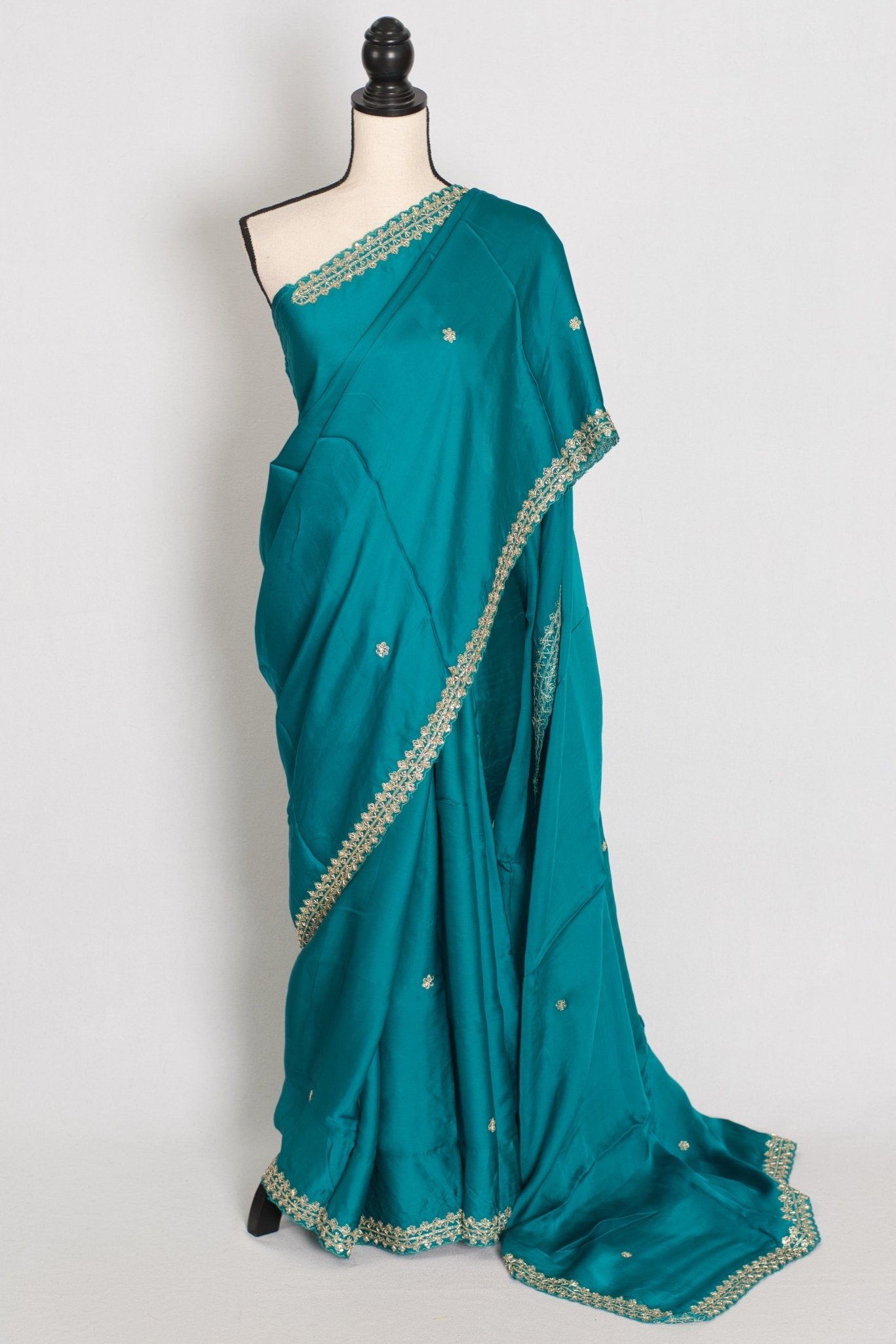 Arifa: Rama Green Satin Saree with Zardosi Work | Size 38 Blouse - Saree Mandi