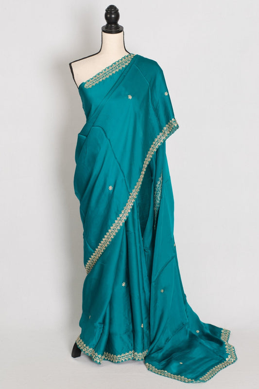 Arifa: Rama Green Satin Saree with Zardosi Work | Size 38 Blouse - Saree Mandi