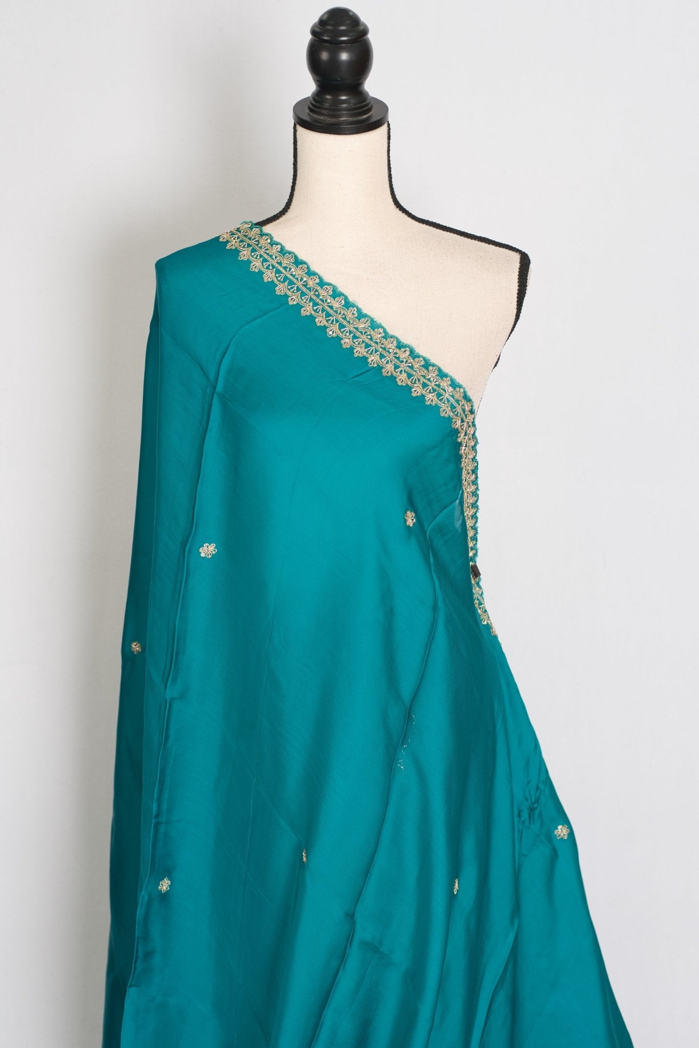 Arifa: Rama Green Satin Saree with Zardosi Work | Size 38 Blouse - Saree Mandi
