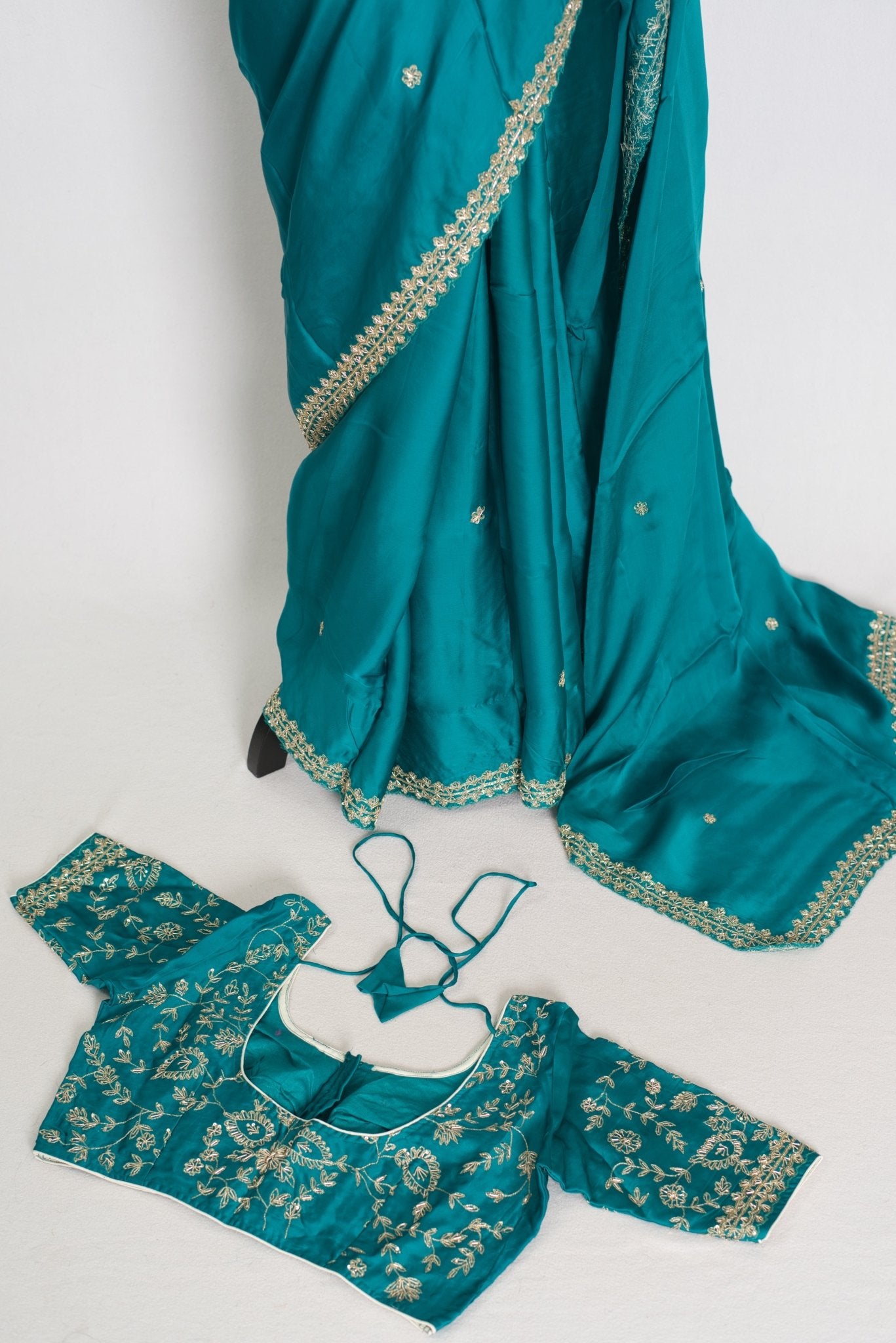 Arifa: Rama Green Satin Saree with Zardosi Work | Size 38 Blouse - Saree Mandi
