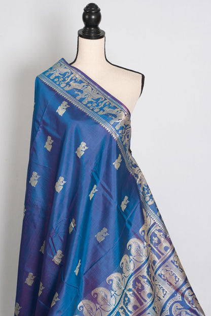 Arpita | Peacock Blue and Cream Handwoven Baluchari Silk Saree - Saree Mandi