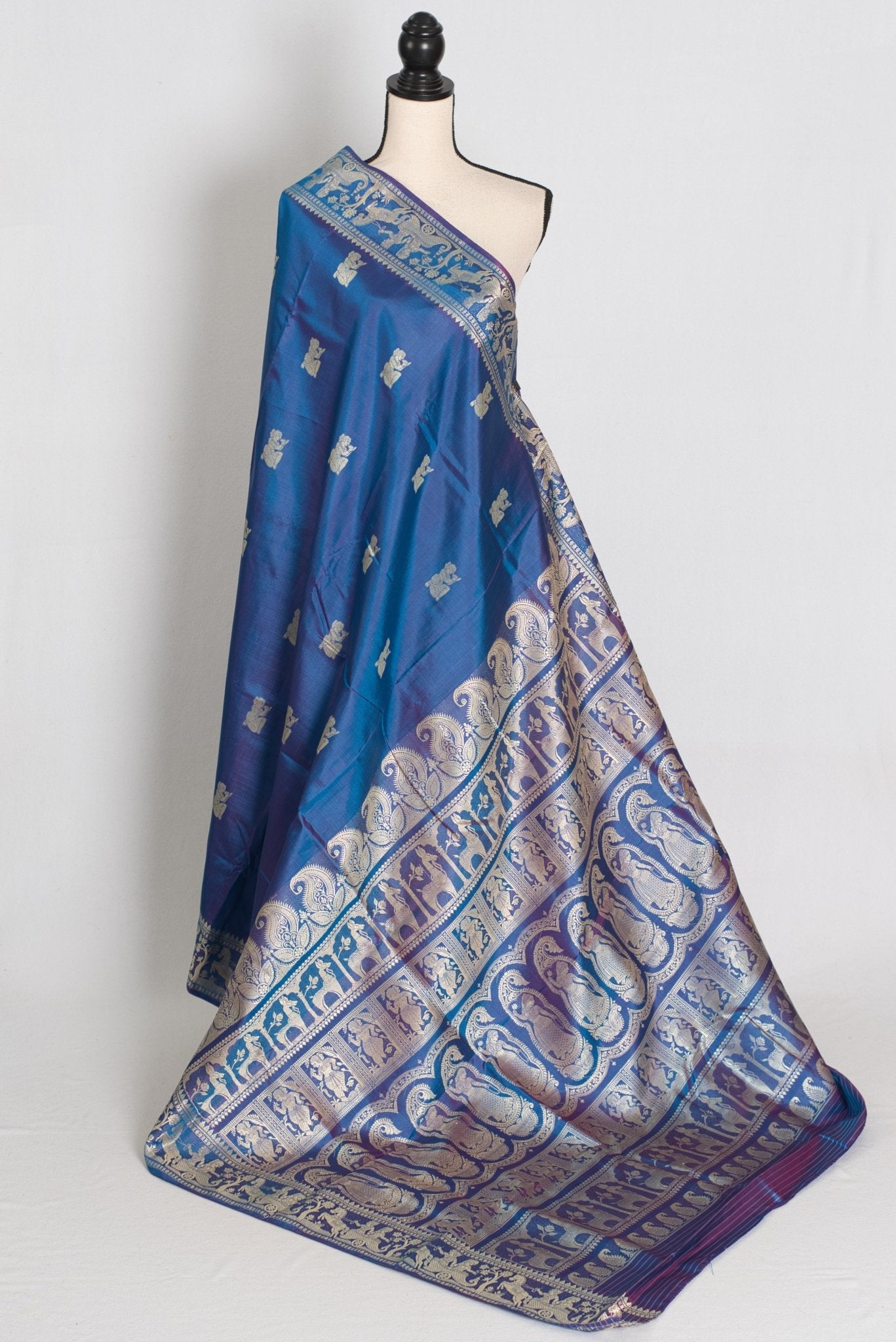 Arpita | Peacock Blue and Cream Handwoven Baluchari Silk Saree - Saree Mandi