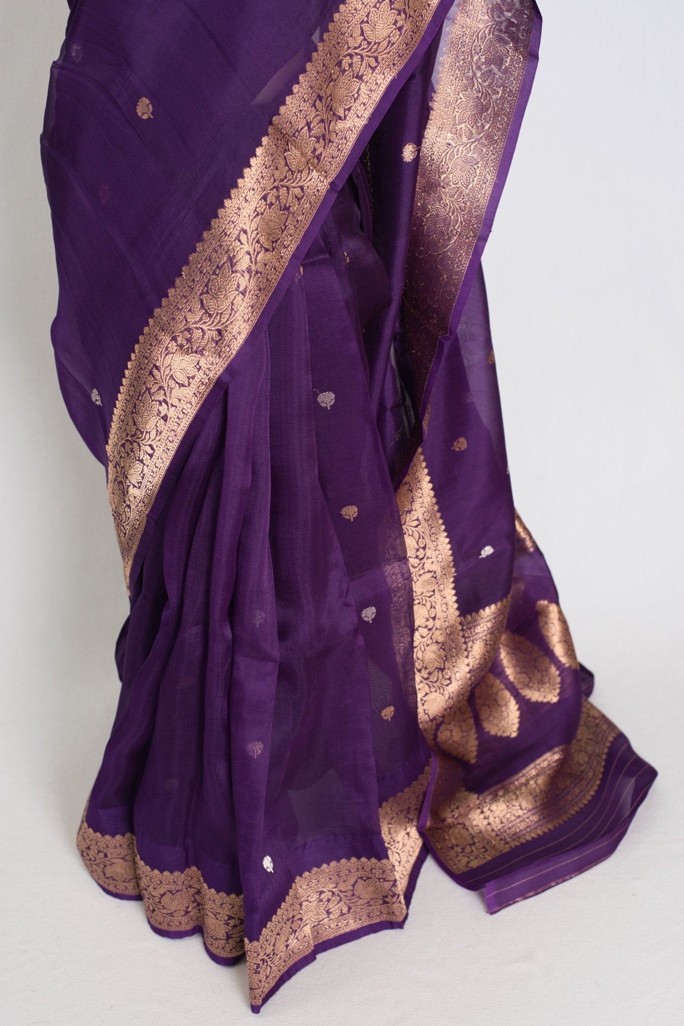 Arpita : Silk Mark Certified Purple and Gold Kora Organza Banarasi Saree - Saree Mandi