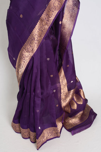 Arpita : Silk Mark Certified Purple and Gold Kora Organza Banarasi Saree - Saree Mandi
