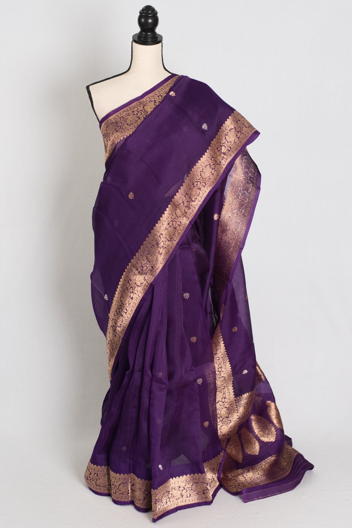 Arpita : Silk Mark Certified Purple and Gold Kora Organza Banarasi Saree - Saree Mandi