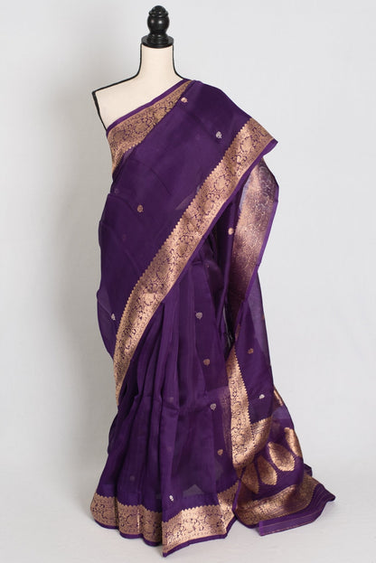 Arpita : Silk Mark Certified Purple and Gold Kora Organza Banarasi Saree - Saree Mandi