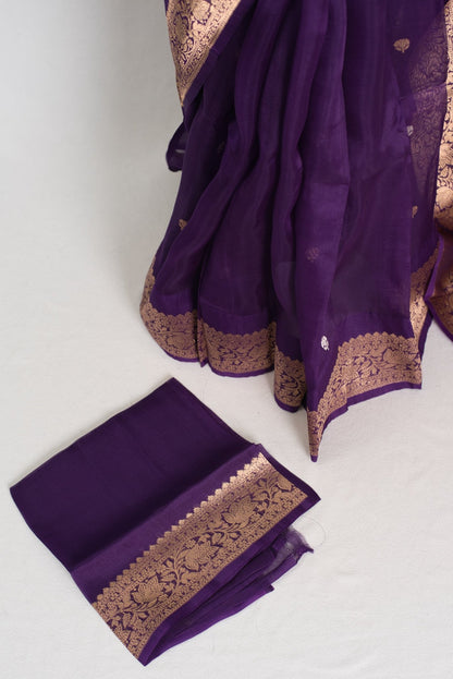 Arpita : Silk Mark Certified Purple and Gold Kora Organza Banarasi Saree - Saree Mandi