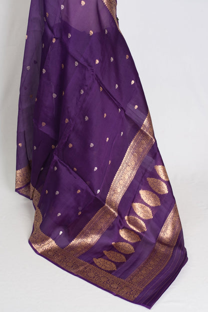 Arpita : Silk Mark Certified Purple and Gold Kora Organza Banarasi Saree - Saree Mandi