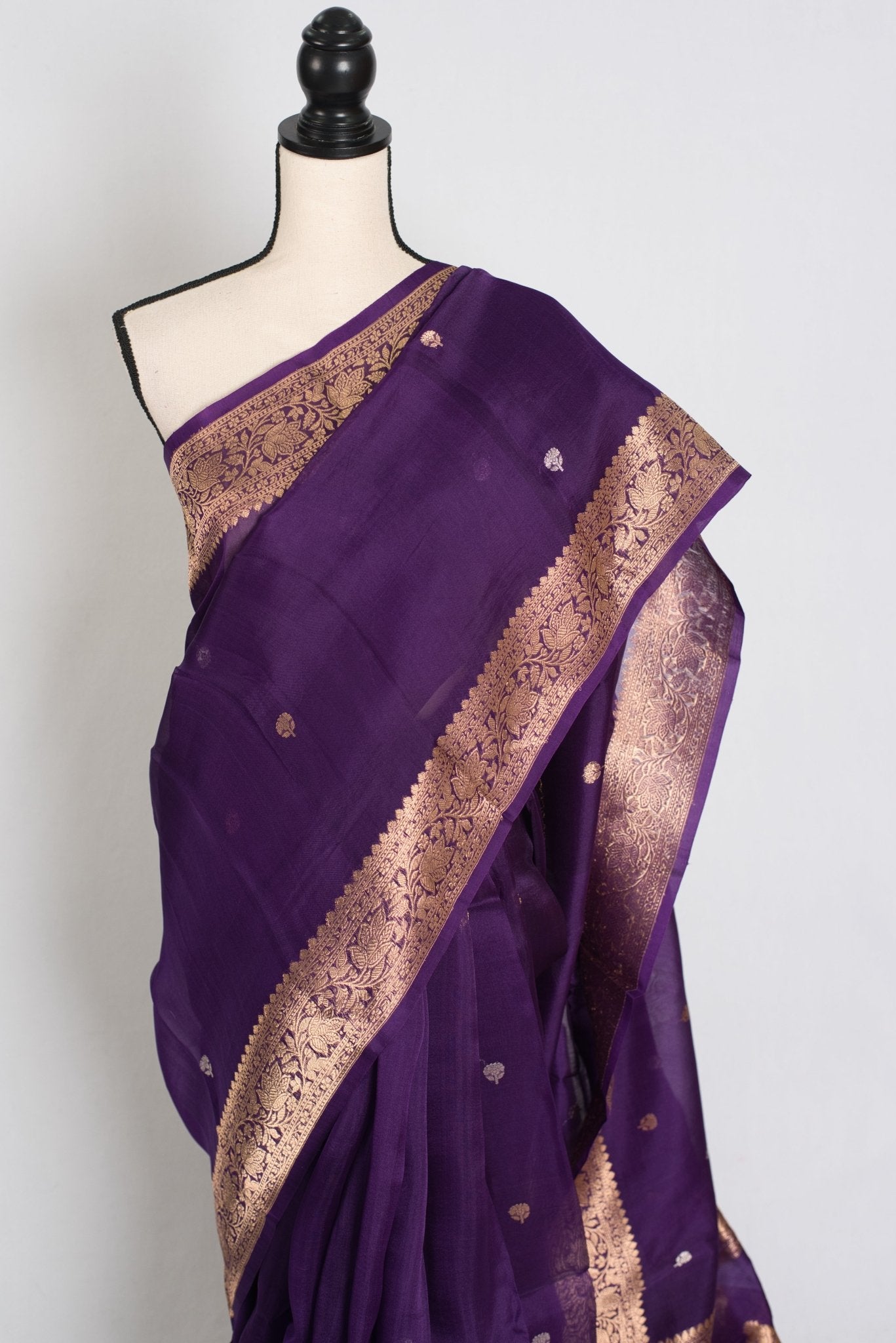 Arpita : Silk Mark Certified Purple and Gold Kora Organza Banarasi Saree - Saree Mandi