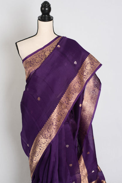 Arpita : Silk Mark Certified Purple and Gold Kora Organza Banarasi Saree - Saree Mandi