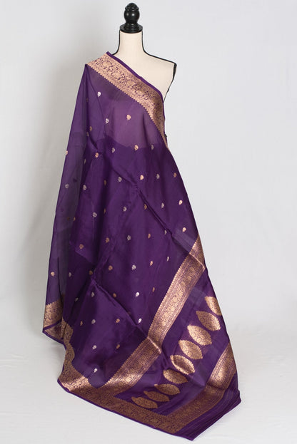 Arpita : Silk Mark Certified Purple and Gold Kora Organza Banarasi Saree - Saree Mandi