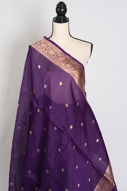 Arpita : Silk Mark Certified Purple and Gold Kora Organza Banarasi Saree - Saree Mandi