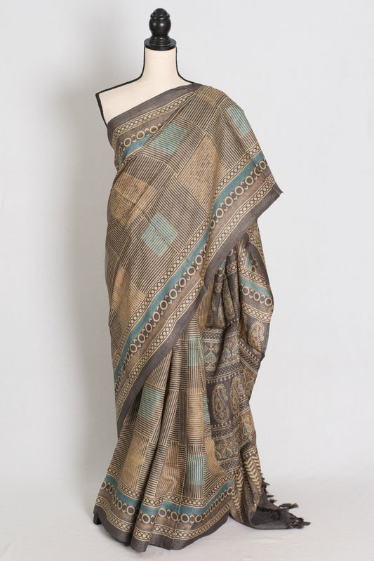 Arushi: Beige and Matte Blue Silk Mark Tussar Ajrakh Block Print Saree - Saree Mandi