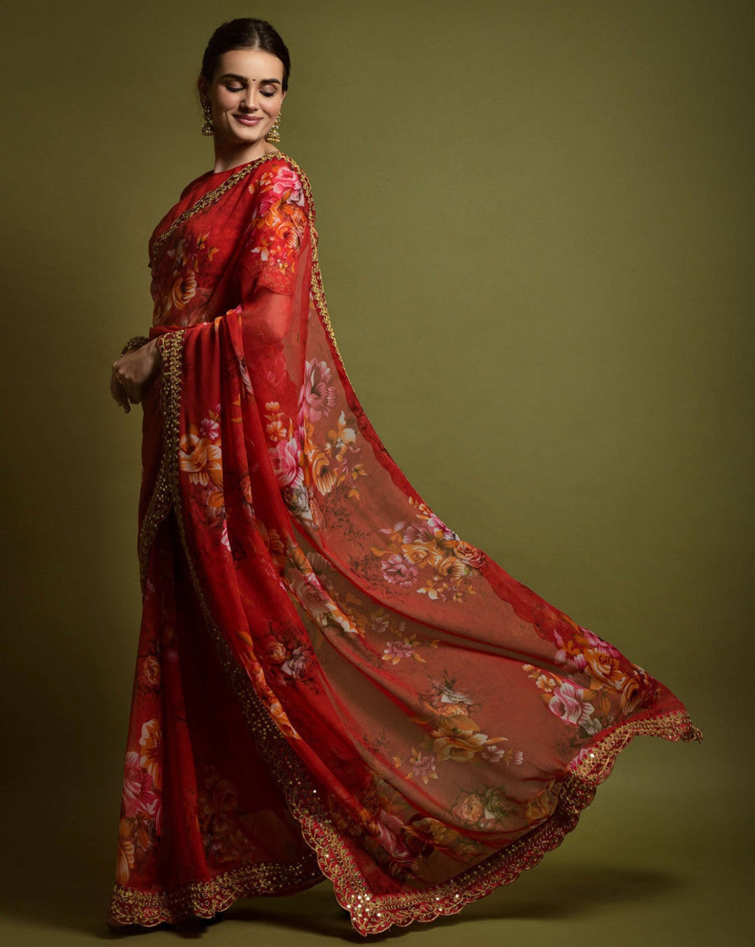 Designer Floral Georgette Partywear Saree in Red.