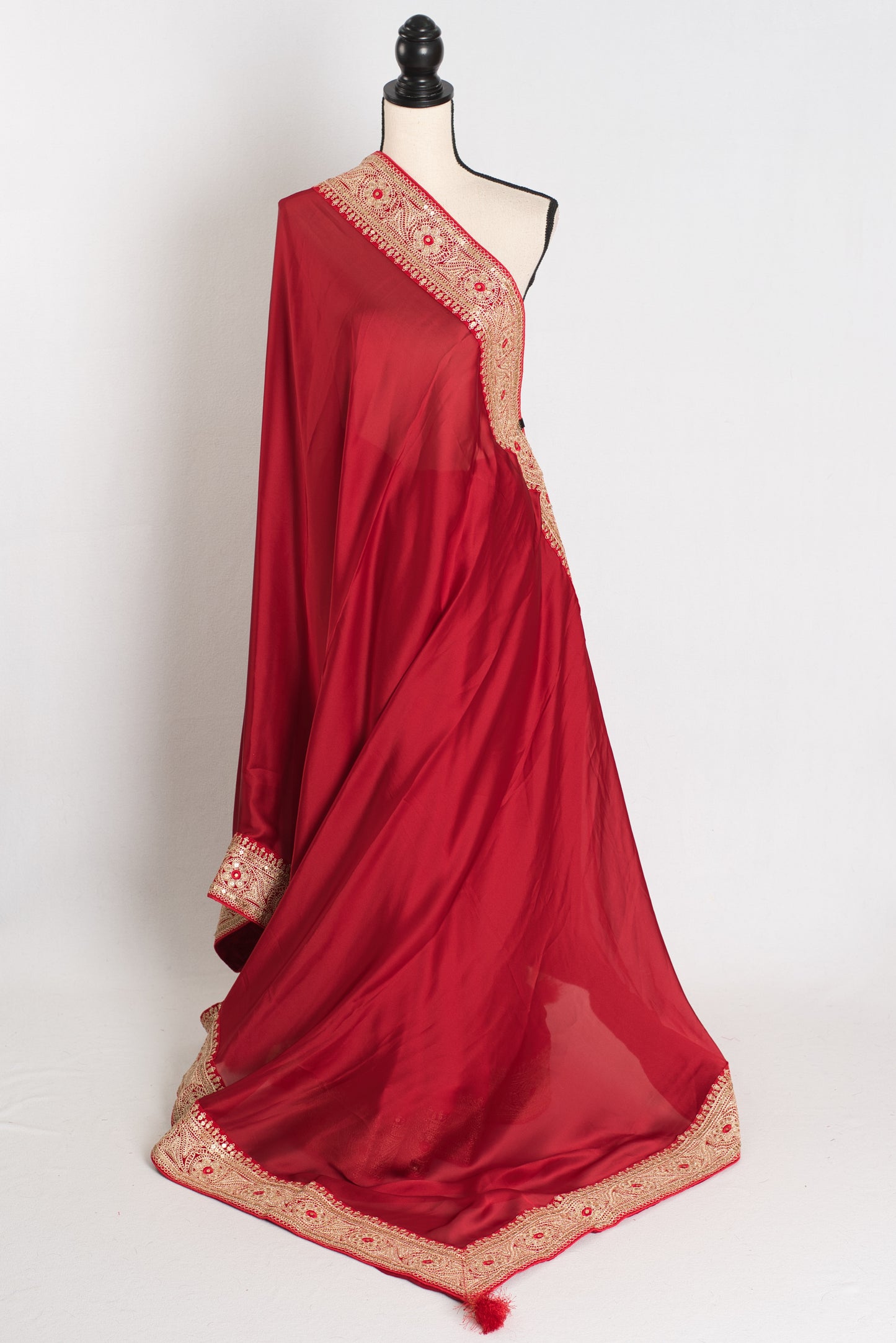 Noor : Dark Red Patch Border Designer Satin Silk Partywear Saree image 1