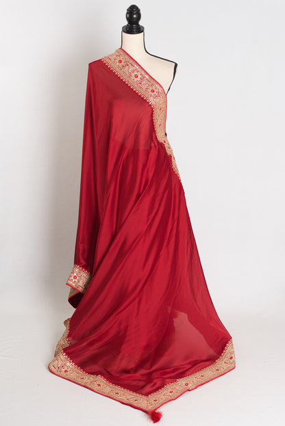 Noor : Dark Red Patch Border Designer Satin Silk Partywear Saree image 1