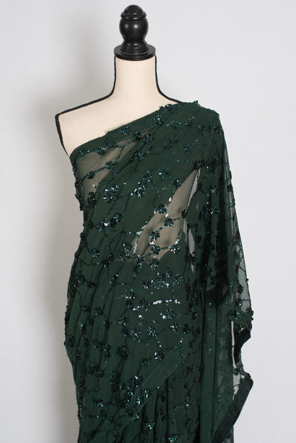 Gia | Bottle Green Soft Net Sequin Saree | Glamorous Evening Cocktail Partywear image 6