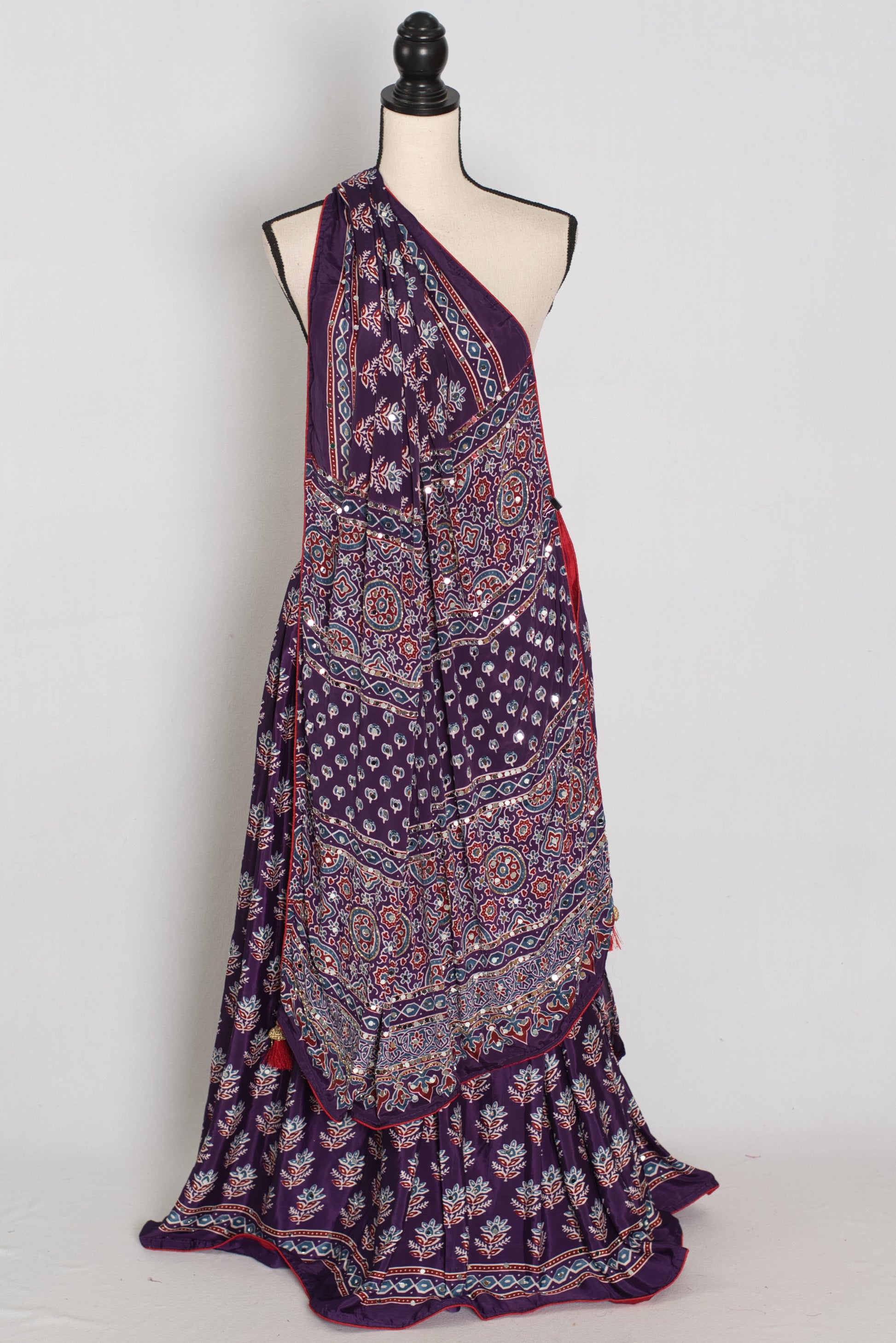 Parul | Purple Ajrakh Print Lehenga Saree with Stitched Blouse image 0