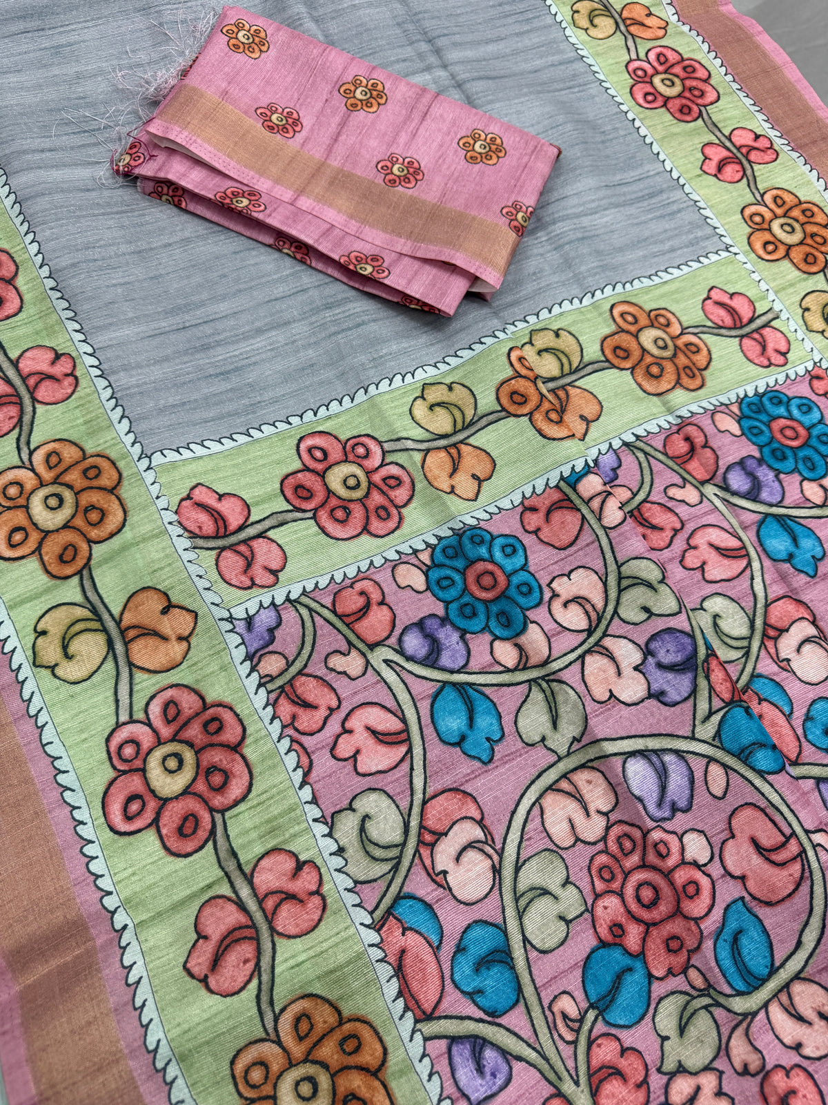 Nisha: Steel Gray & Dusty Pink Semi Tussar Saree | Floral Kalamkari Print image 1