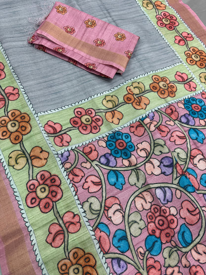 Nisha: Steel Gray & Dusty Pink Semi Tussar Saree | Floral Kalamkari Print image 1