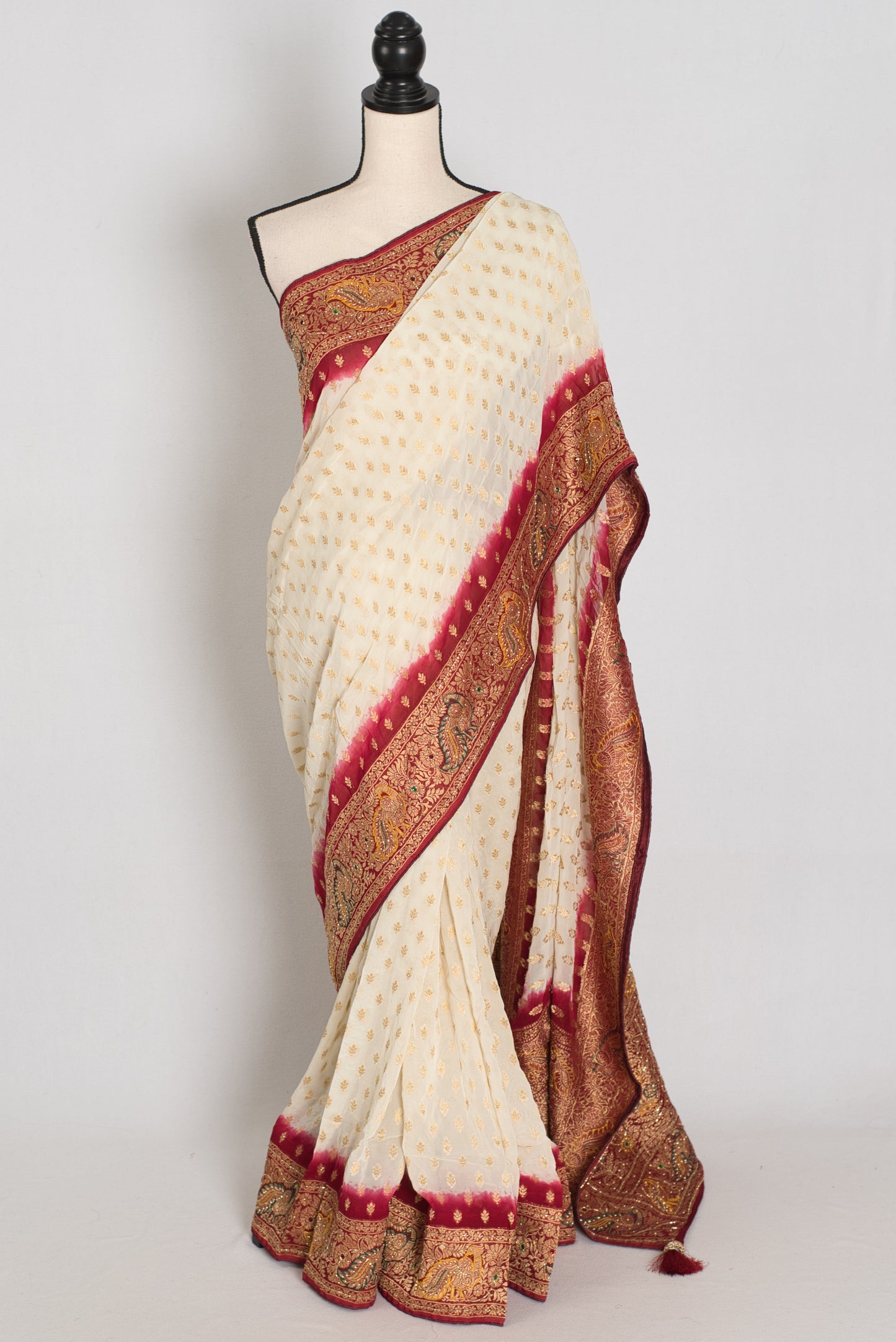 Jiya | Cream & Maroon Crepe Georgette Banarasi Saree | Traditional Bengali look image 0