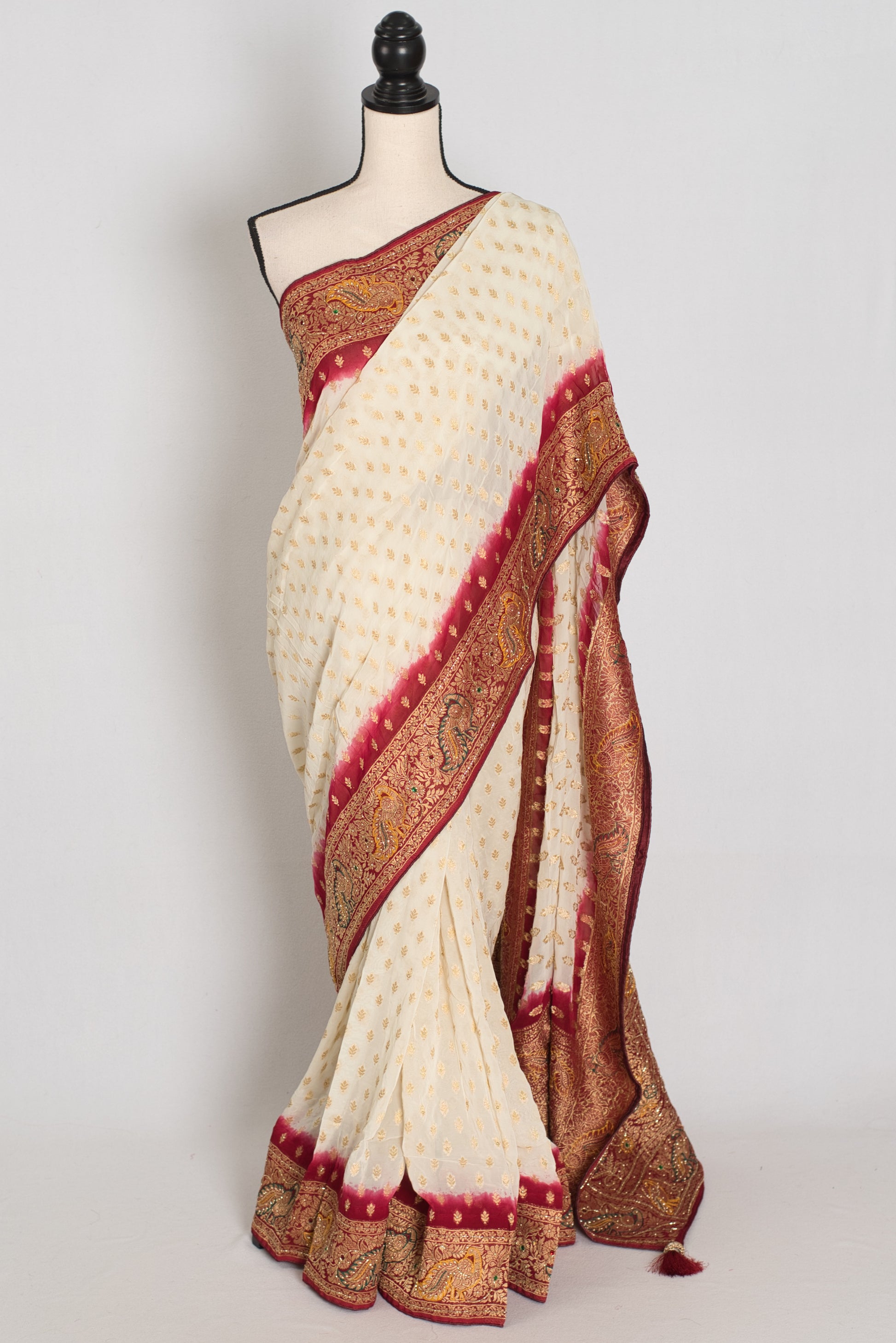 Jiya | Cream & Maroon Crepe Georgette Banarasi Saree | Traditional Bengali look image 0