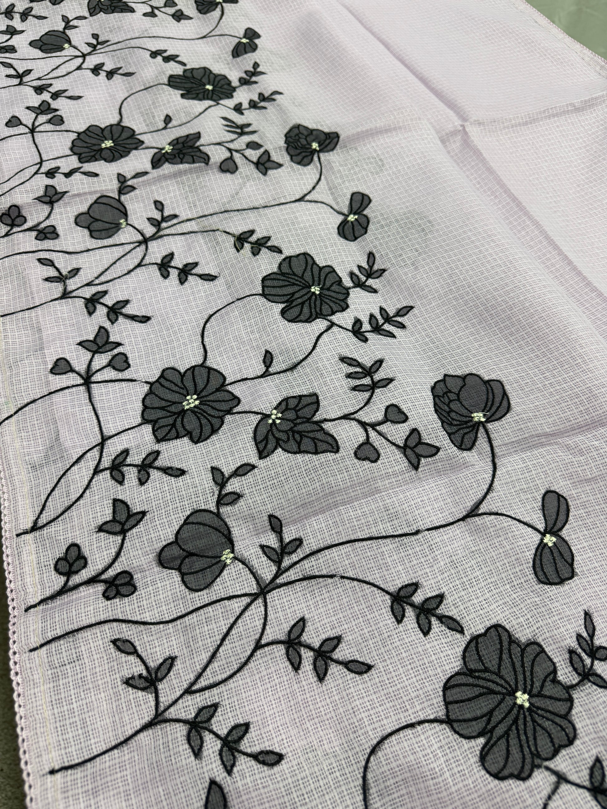Riddhi | Lavender & Black Semi Kota Silk Saree | Floral Appliqué image 4