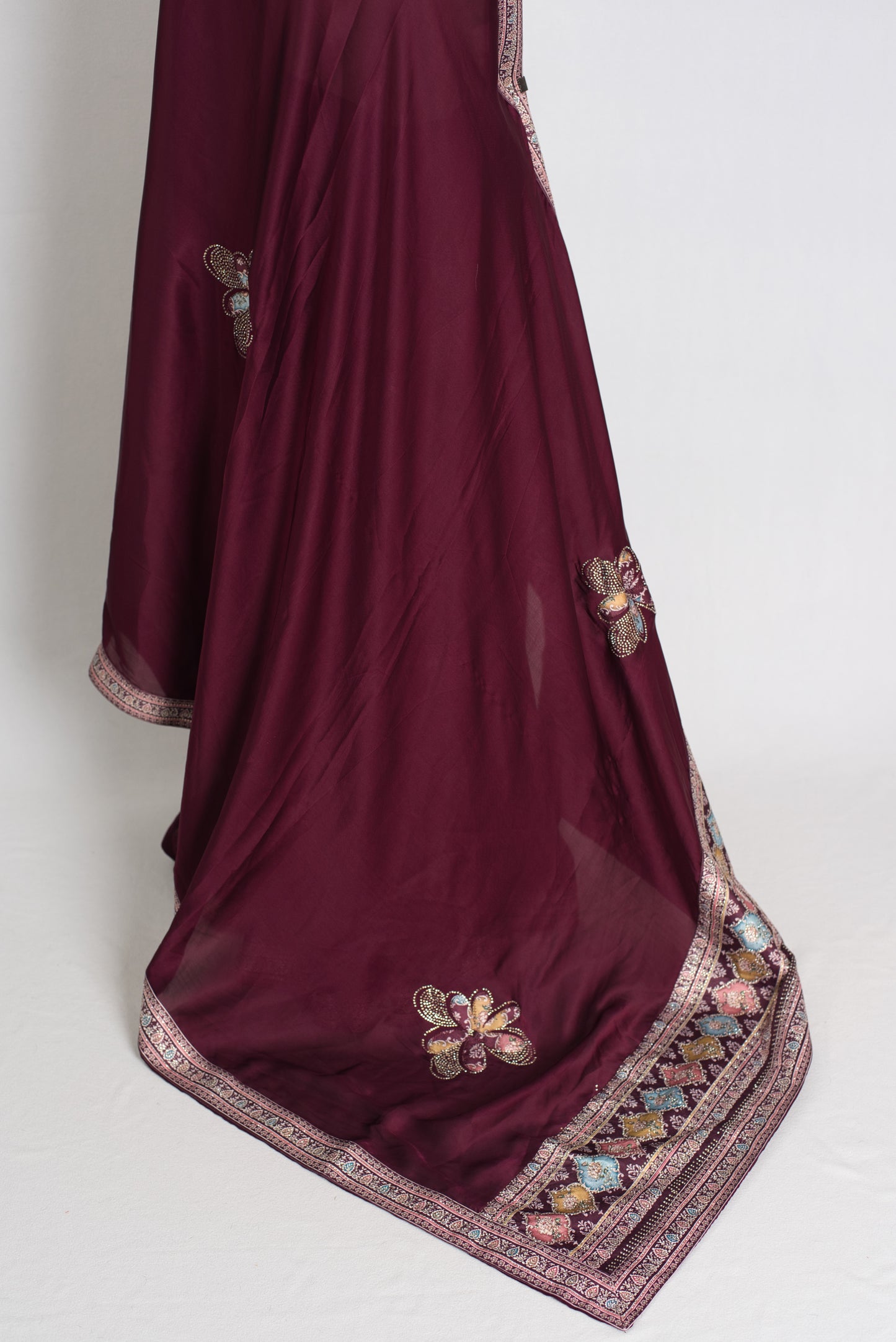 Mani : Wine Color Semi Satin Aplic Work Party Wear Saree image 3