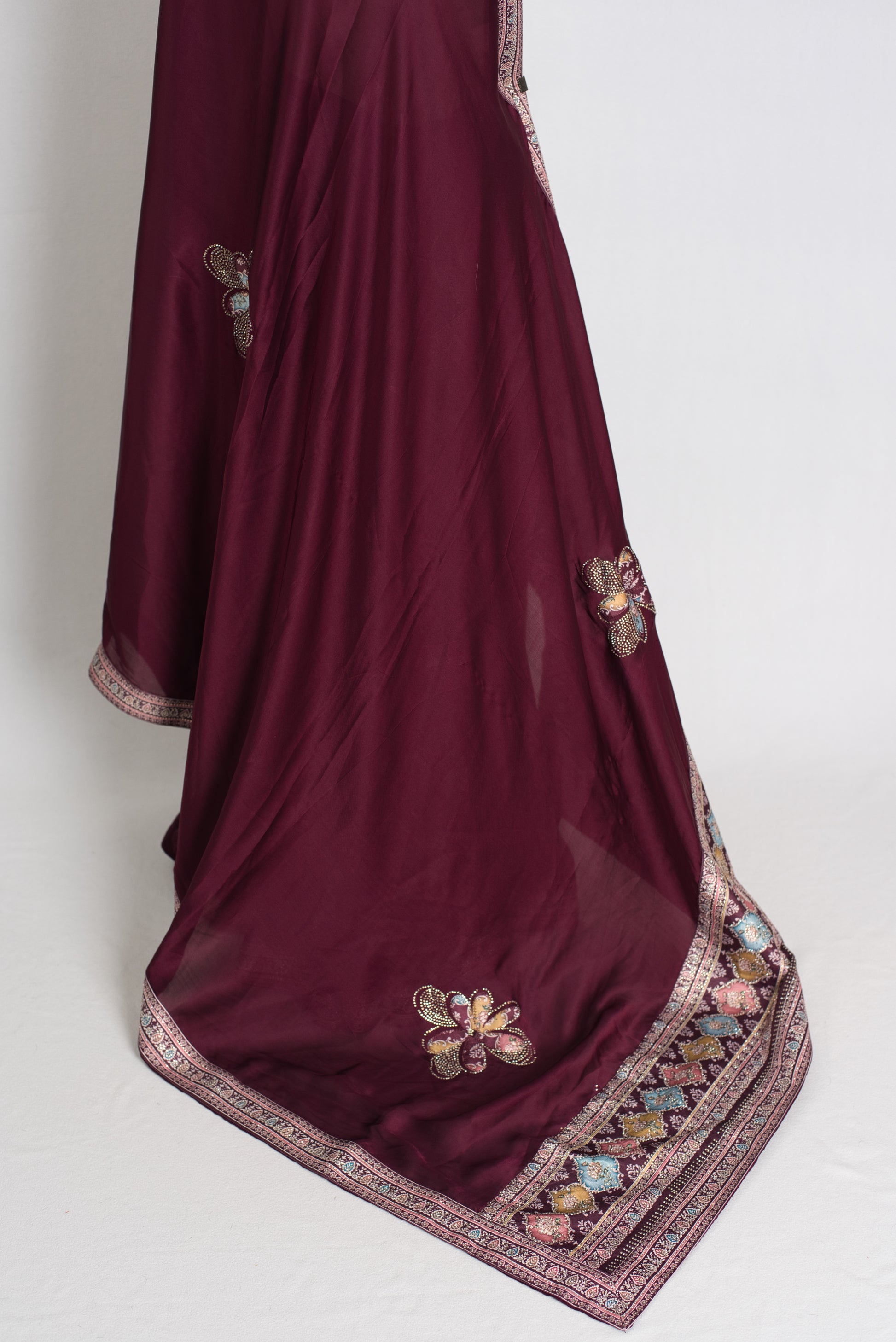 Mani : Wine Color Semi Satin Aplic Work Party Wear Saree image 3