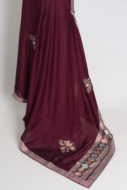 Mani : Wine Color Semi Satin Aplic Work Party Wear Saree image 3