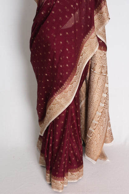 Savita: Maroon Semi Georgette Banarasi Saree with White Border image 6
