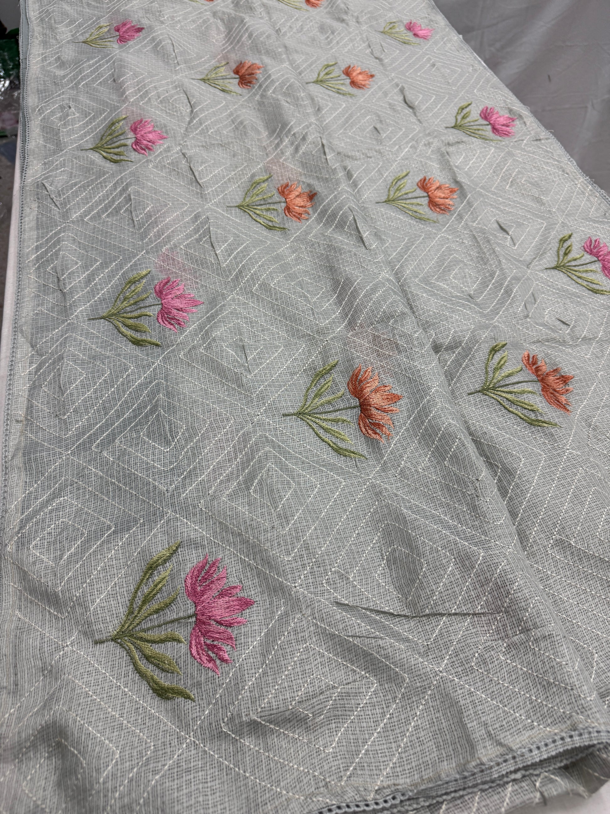 Jessica | Soft Grey Semi Kota Silk Saree | Pastel Floral Machine Embroidery image 6