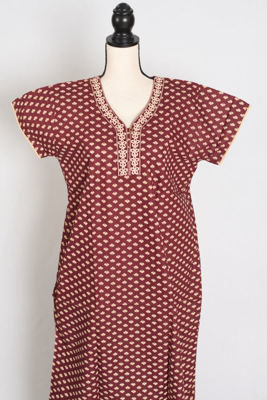 Printed Brown Women Indian Cotton Nighty in Regular Size image 1