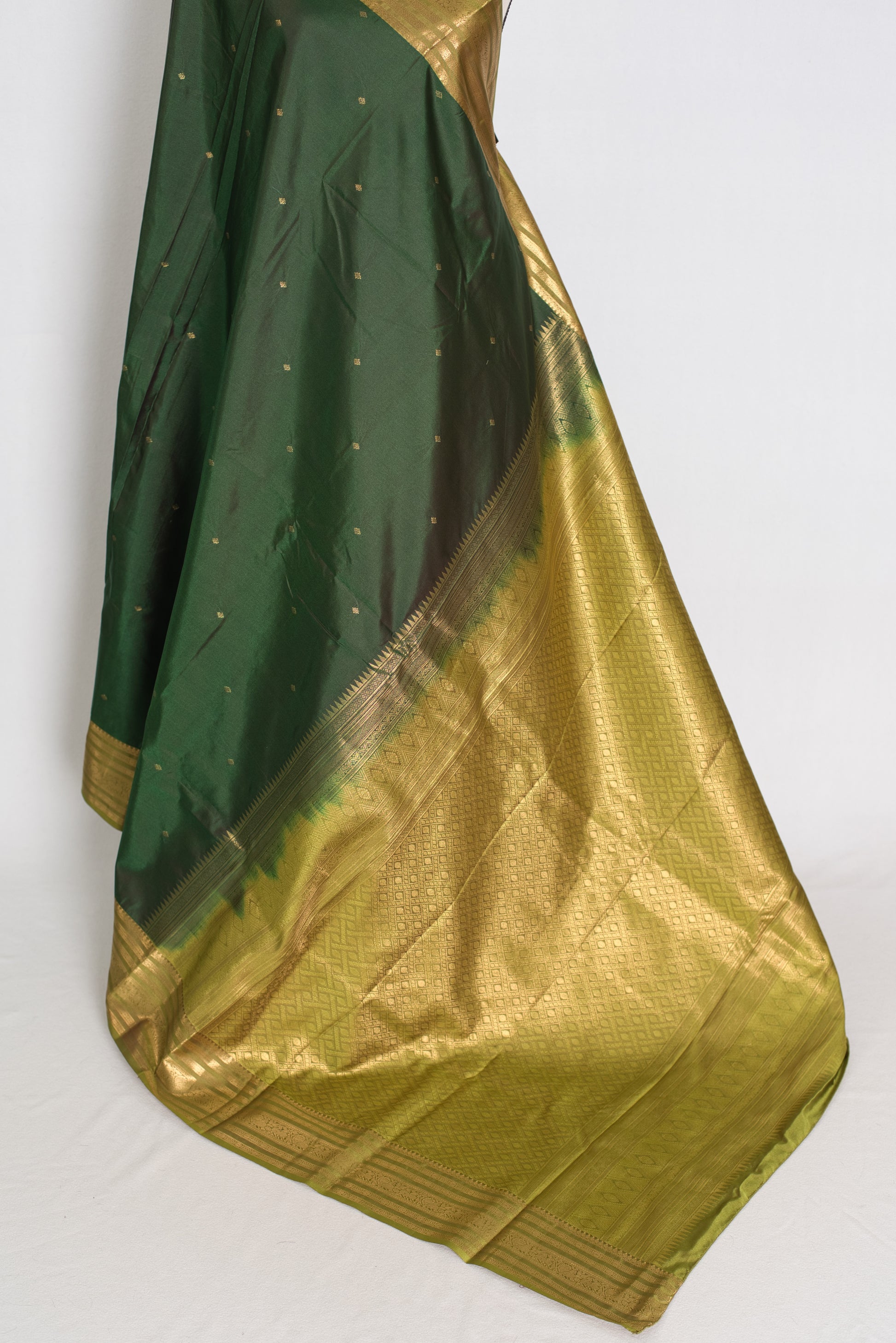 Mytheli – Deep Forest Green Kanjivaram Poly Silk Saree with Moss Green Border image 3