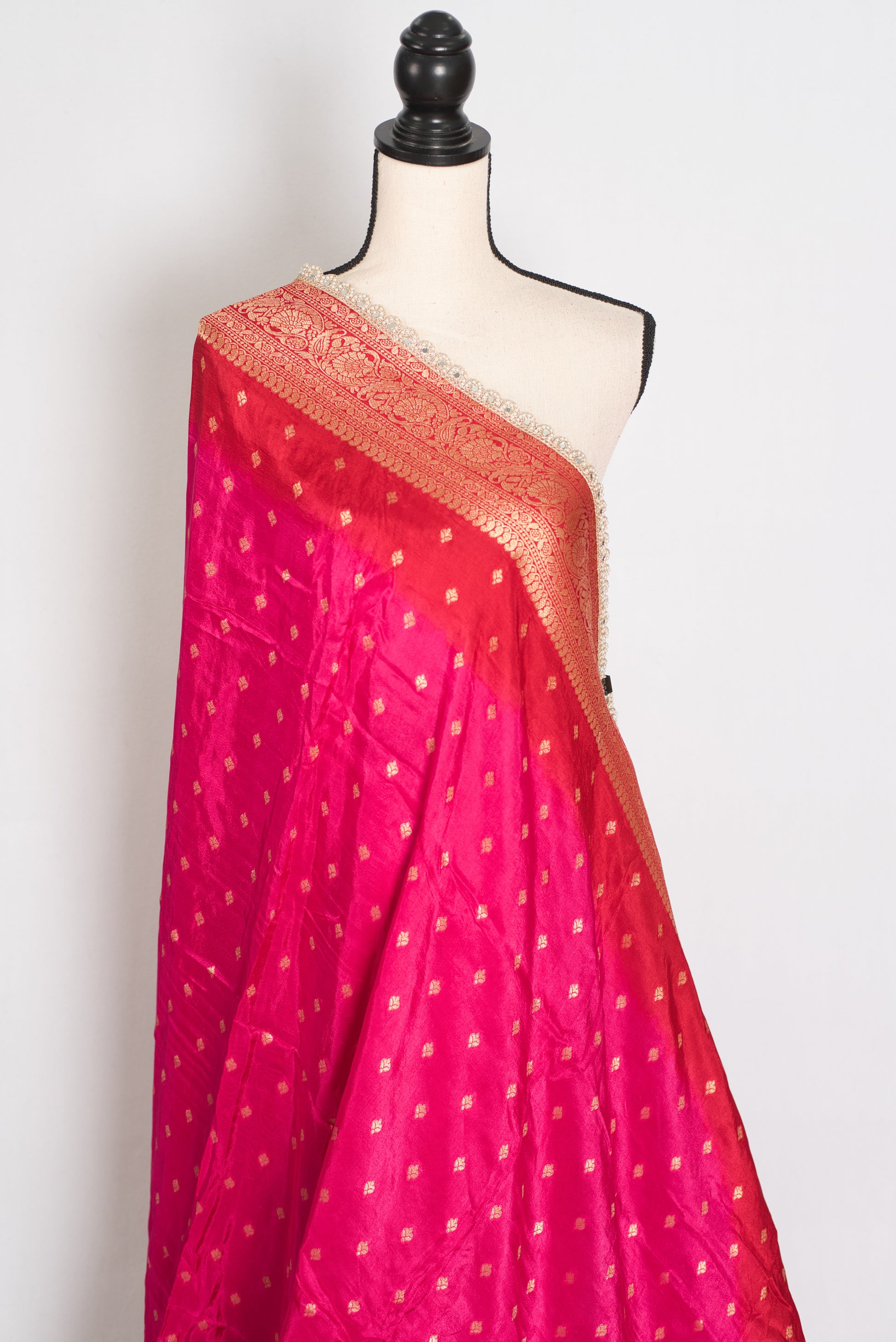 Harini | Pink & Red Dola Silk Banarasi Saree | Designer Stitched Lace Border image 3