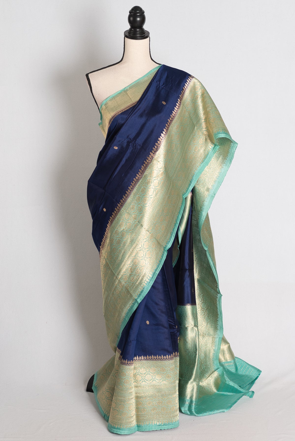Nadia: Midnight Blue and Sea Green Wide Border Mango Silk Banarasi Saree image 0