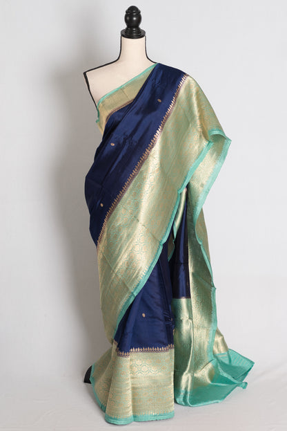 Nadia: Midnight Blue and Sea Green Wide Border Mango Silk Banarasi Saree image 0