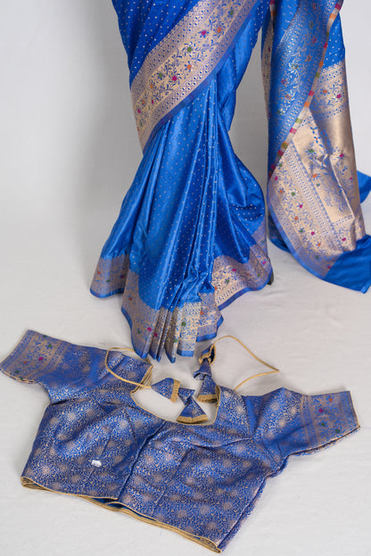 Nila | Blue Semi Mashru Banarasi Saree | Pre-Stitched Size 42 Brocade Blouse image 1