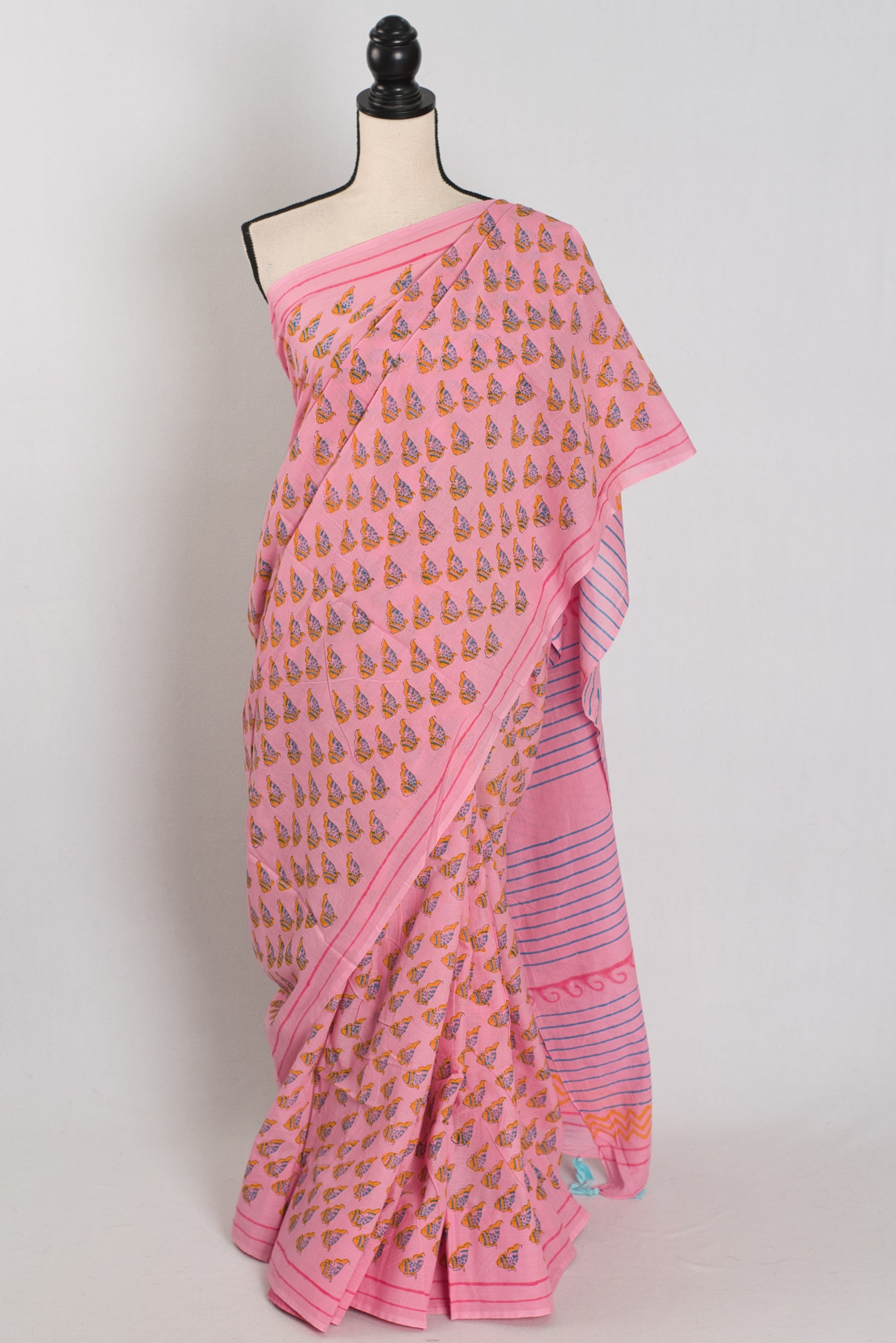 Sia: Pink Contemporary Fish Motif Mulmul Cotton Saree | Artistic Daily Wear image 0