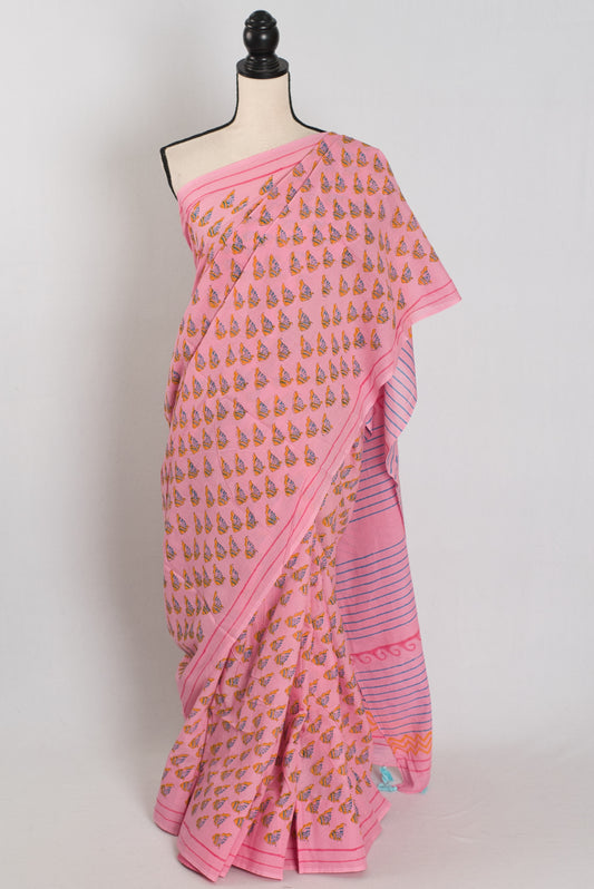 Sia: Pink Contemporary Fish Motif Mulmul Cotton Saree | Artistic Daily Wear image 0