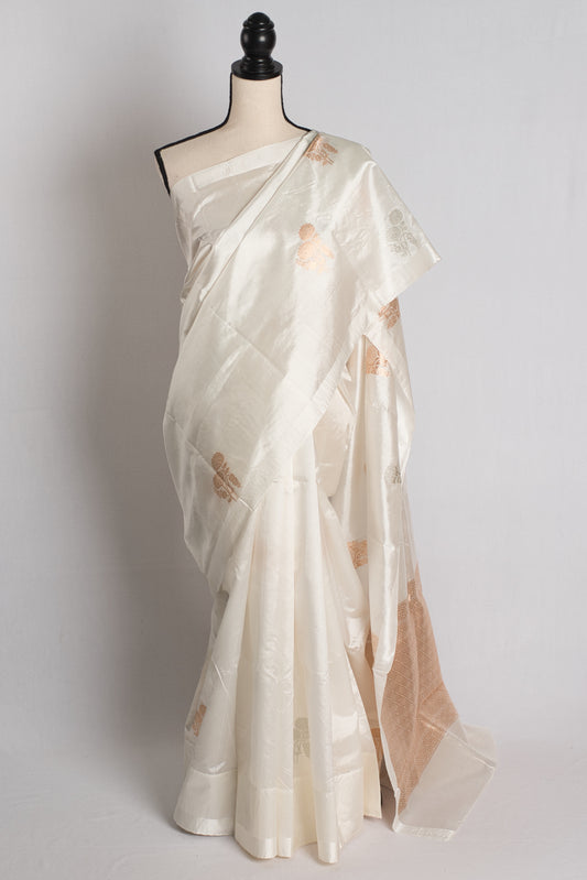 Ivory Muse : Silk Mark Certified White and Gold Satin Katan Banarasi Saree image 0