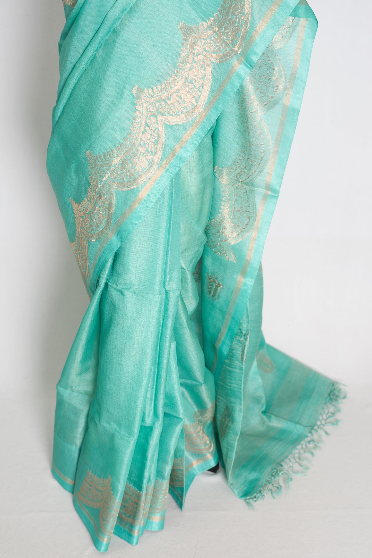 Mani : Sea Green & Gold Bengal Tussar Silk Saree with 36 Size Stitched Blouse image 7