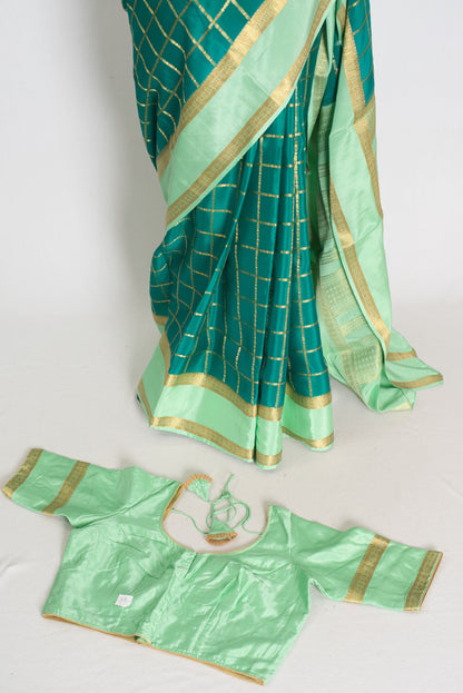 Sutra | Rama Green and Gold 110 gms Mysore Crepe Silk Saree | 38 Size Blouse image 1