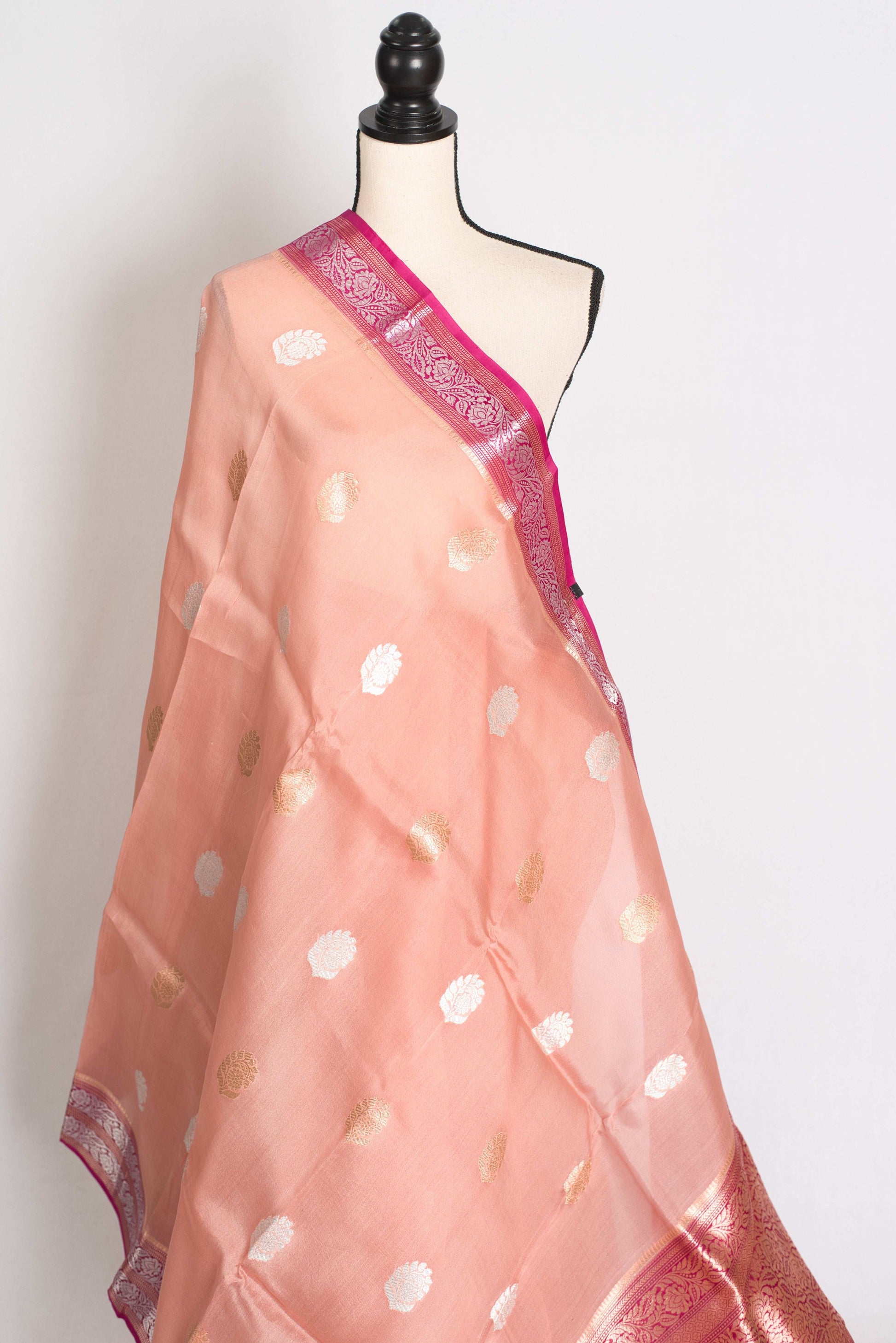 Bidisha : Silk Mark Certified Peach Organza Banarasi Saree with Silver Zari