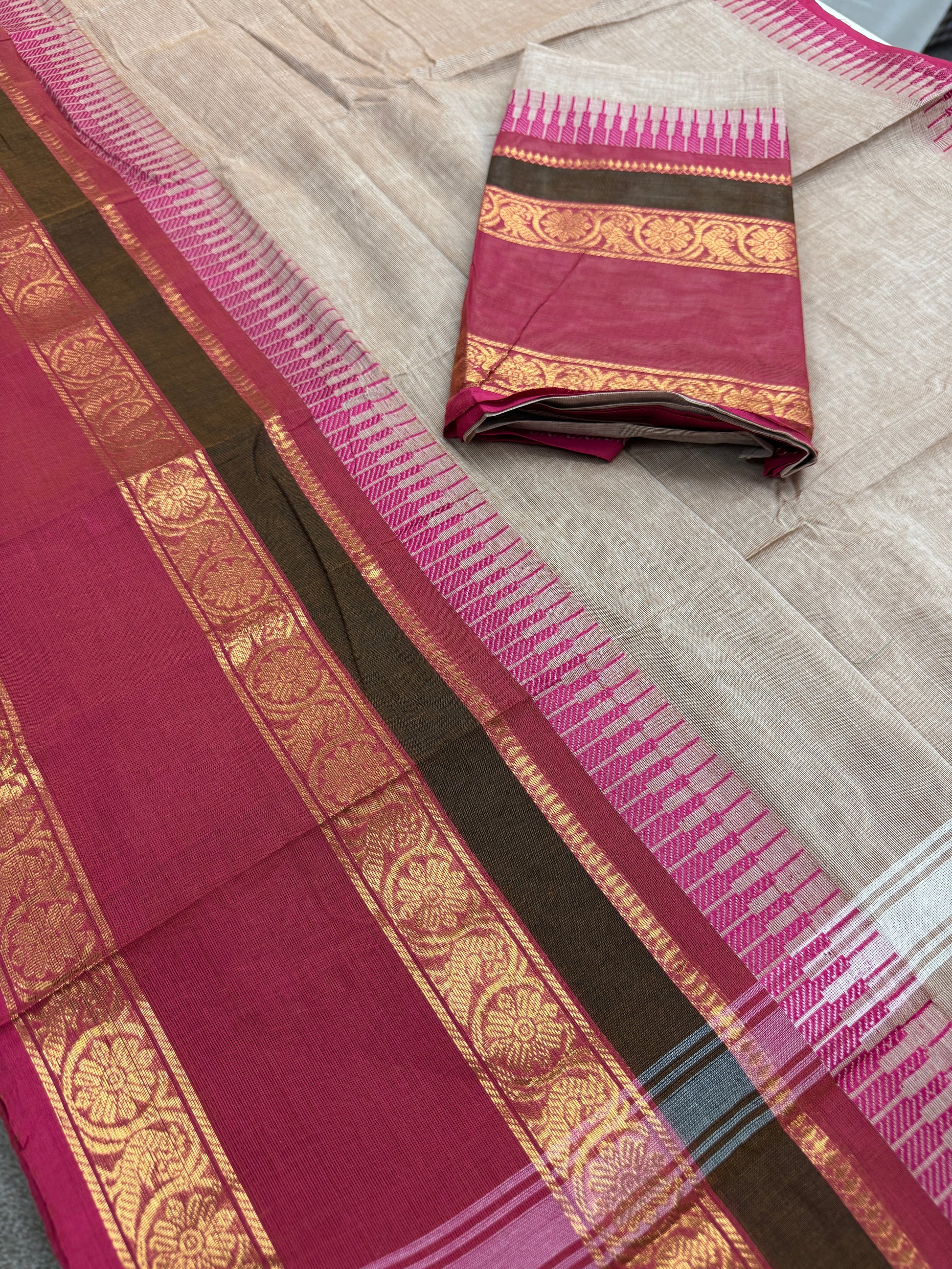 Avvai : Light Brown Kanchi Cotton Saree - Handwoven South Indian Elegance image 1