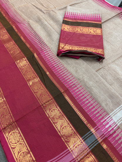 Avvai : Light Brown Kanchi Cotton Saree - Handwoven South Indian Elegance image 1