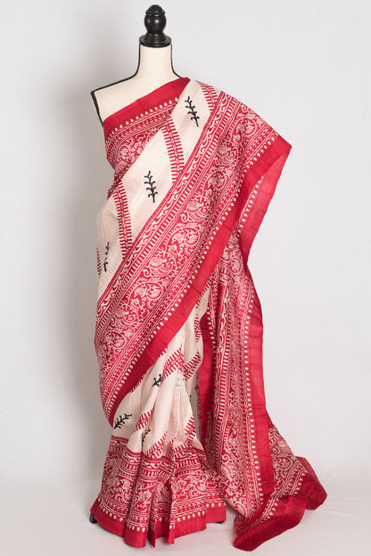 Durga : Traditional Off-White and Red Printed Murshidabad Pure Silk Saree image 0