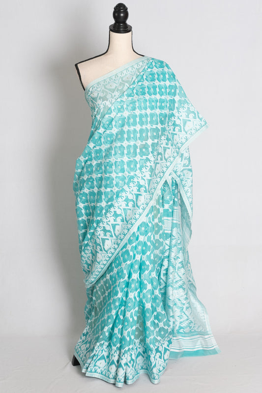 Turquoise Blue and White Jamdani saree — view