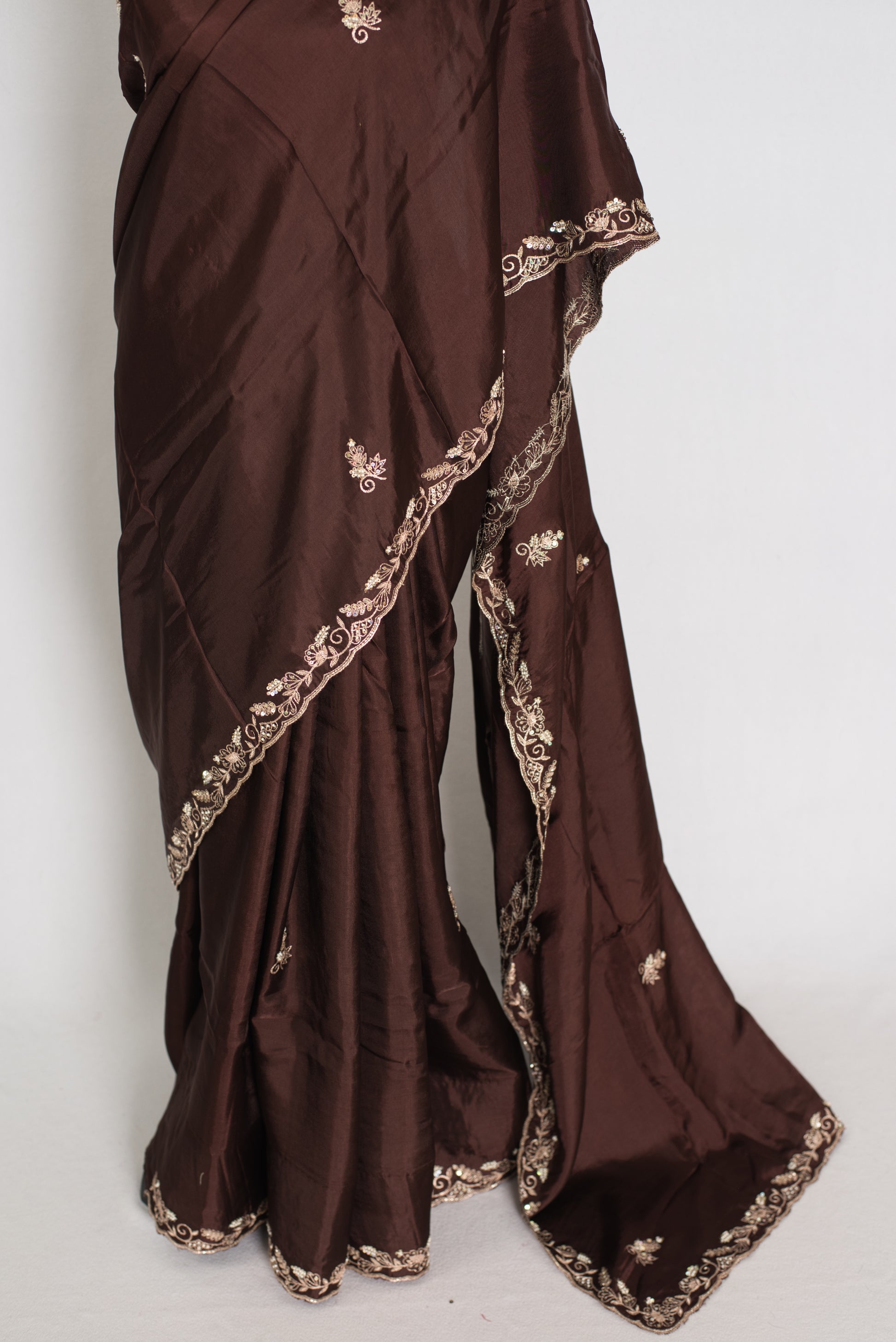Ahiri: Dark Brown Semi Satin Saree with Zardosi Work | Reception Wear image 5